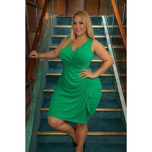 Chaps Faux Wrap Dress Womens‎ XL Green Surplice Ruffle Knot Sheath NEW